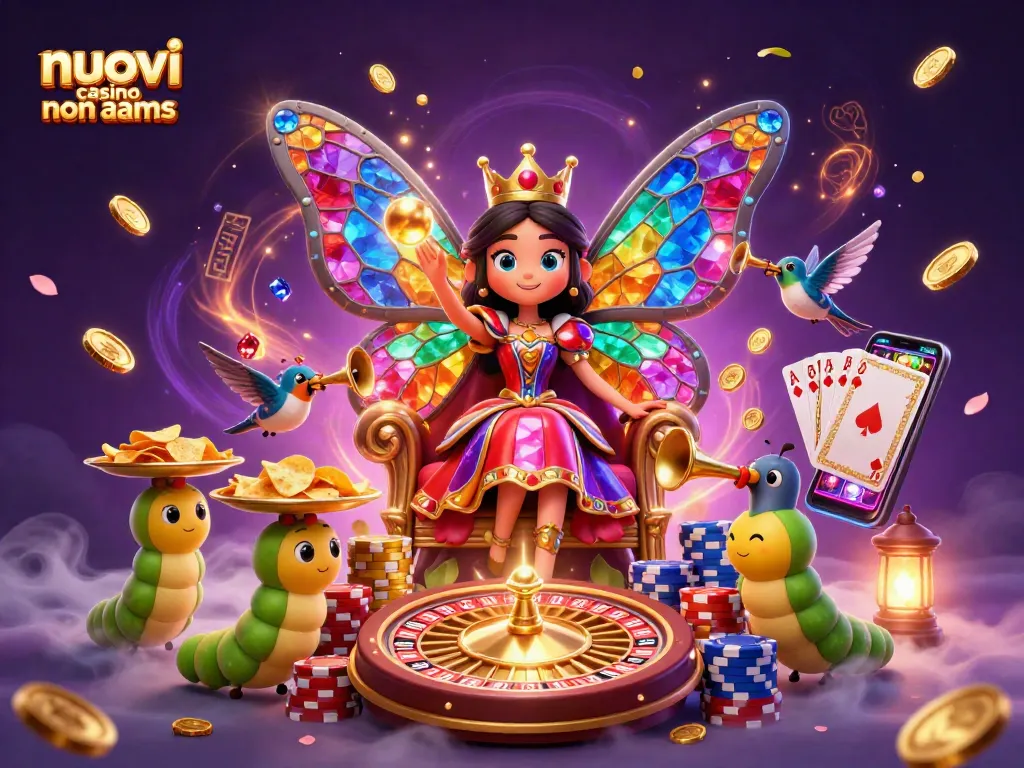 Visualizza i nuovi casino non AAMS con una regina farfalla e chip dorati in un'illustrazione vivace.