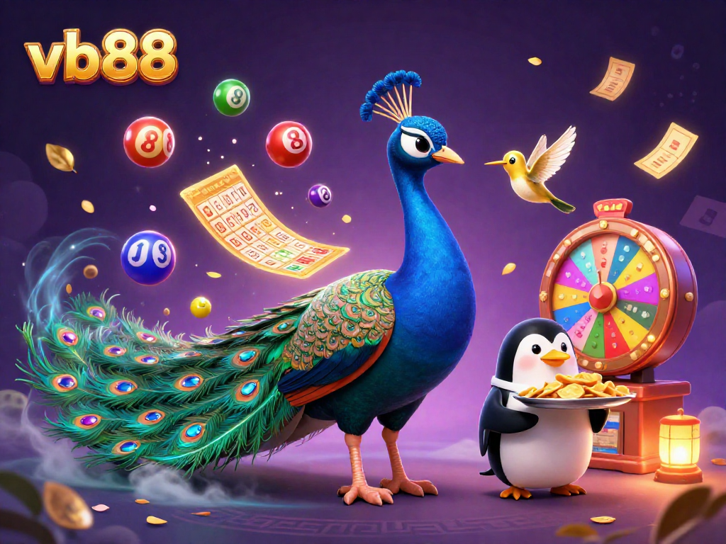 Experience the thrilling world of vb88 with a vibrant 3D casino scene featuring a peacock, penguin, and hummingbird.