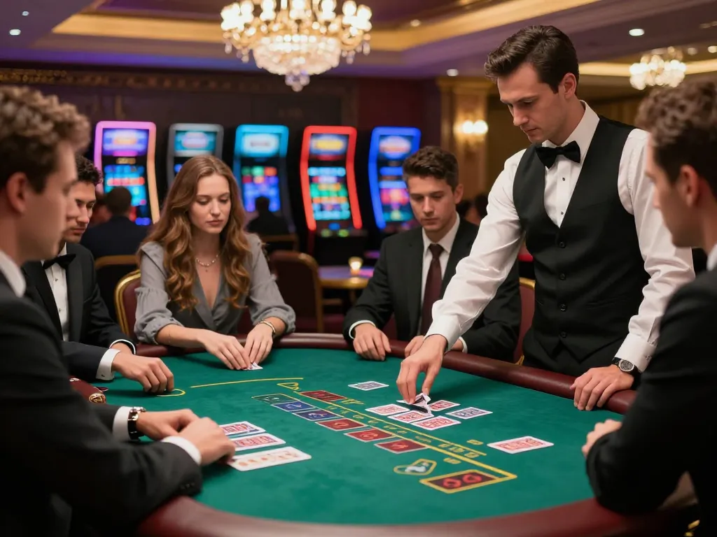 winstrike69 players engaging at a high-stakes blackjack table, showcasing strategic betting in luxury casino.