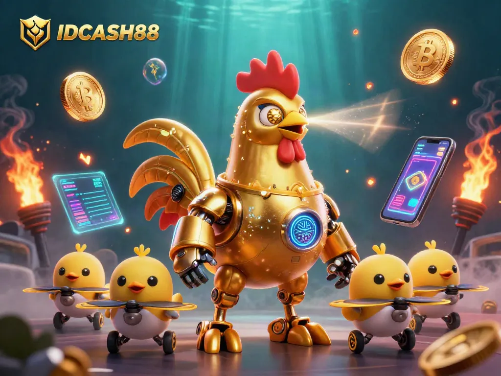 Experience thrilling gameplay with IDCASH88, featuring golden rooster robot and crypto elements.