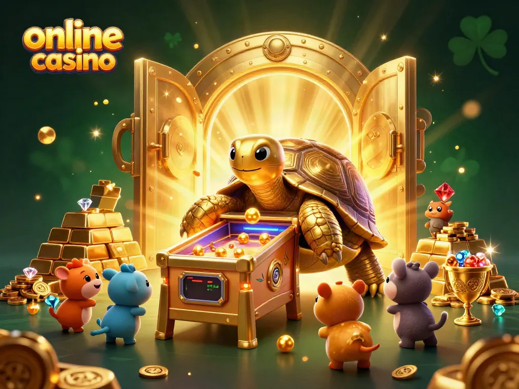 Juega en un casino online con la tortuga dorada en un entorno repleto de tesoros brillantes.