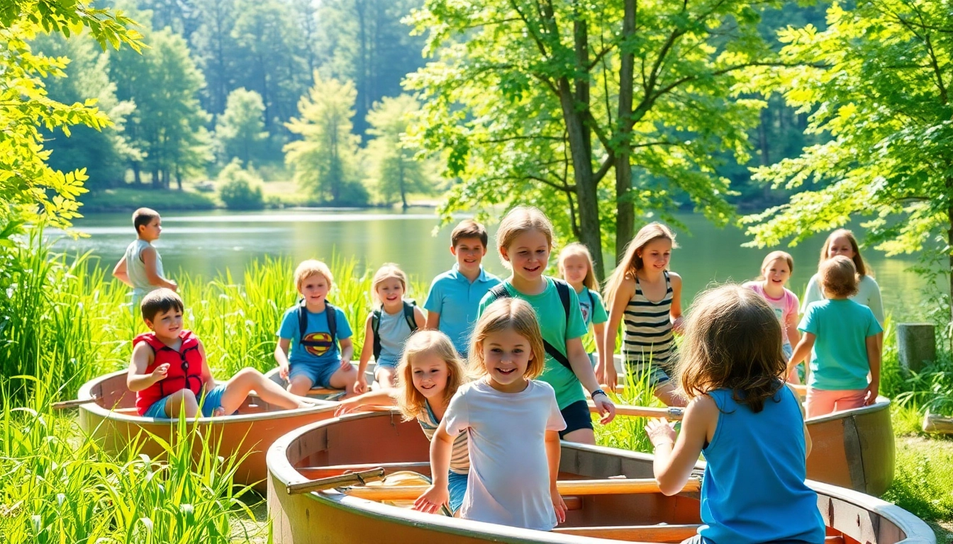 Children joyfully engaging in activities at a coed summer camp surrounded by nature.
