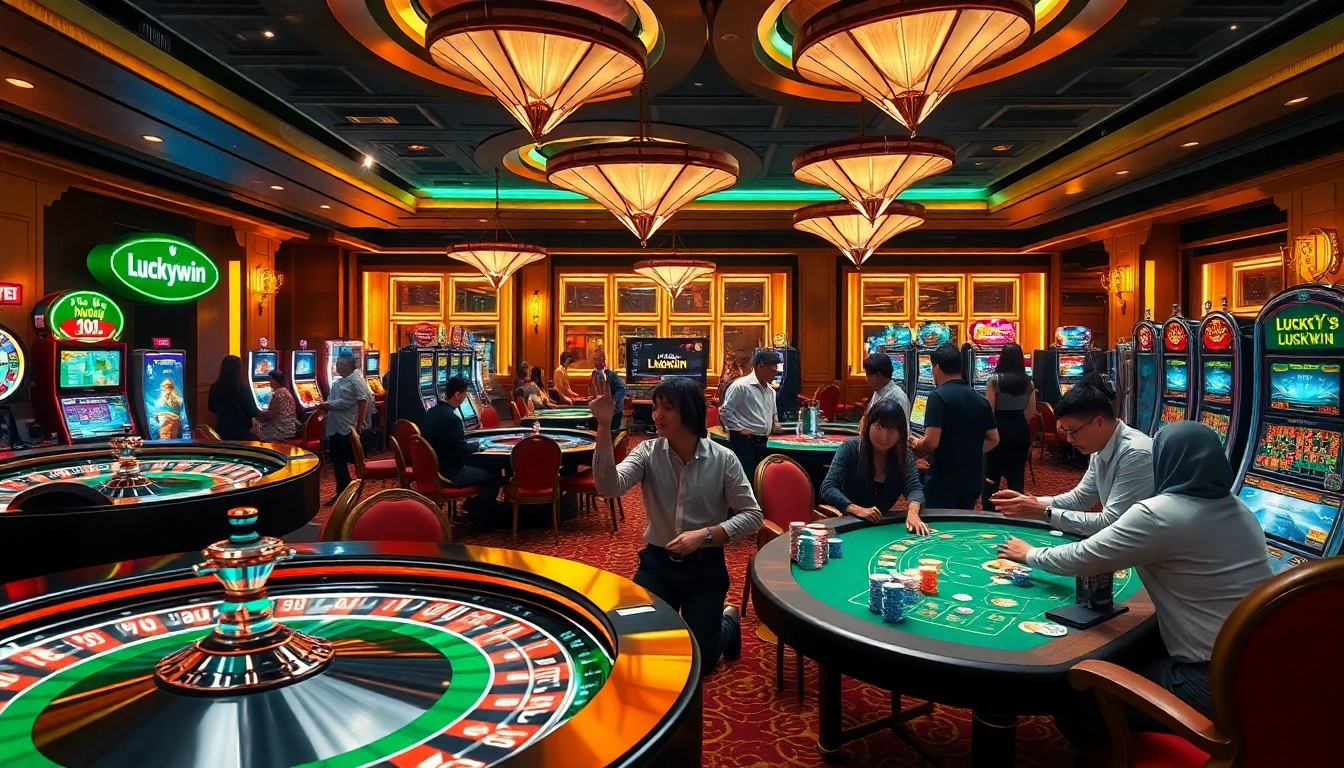 Engaging scene of online gambling excitement with Luckywin tel brand elements, casino tables, and vibrant lights.