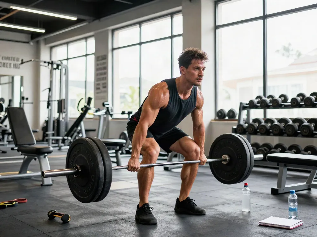 Muscular man performing deadlifts in a gym, showcasing determination while focusing on comprare steroidi muscoli in italia.