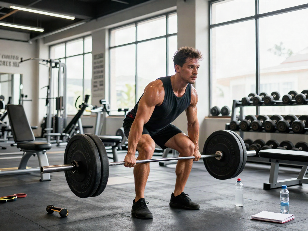 Muscular man performing deadlifts in a gym, showcasing determination while focusing on comprare steroidi muscoli in italia.