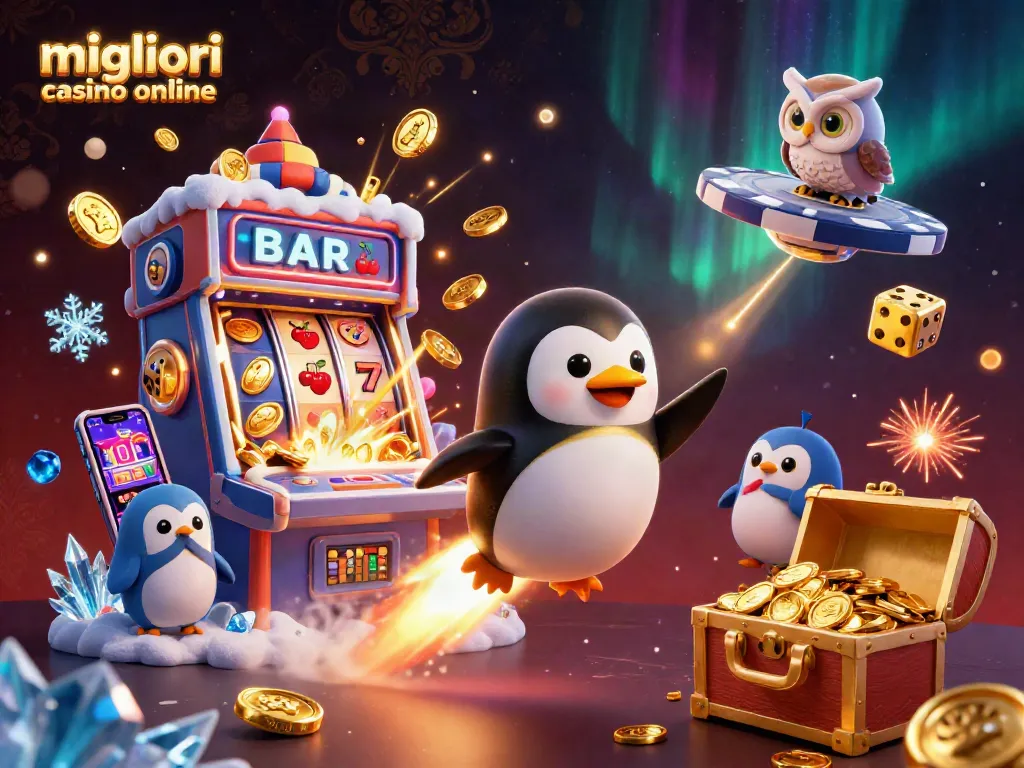 Scopri i migliori casino online con il pinguino d'oro mentre esplode in cariche di monete e divertimento.