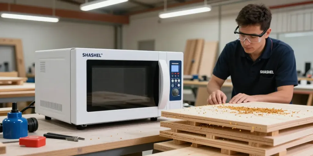 SHASHEL® microwave treatment technology effectively eliminating woodworms in a professional workshop.