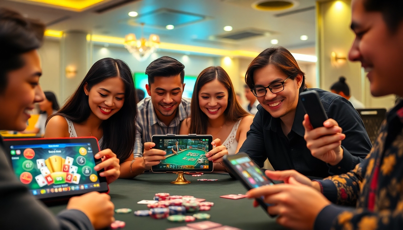 Exciting online gaming scene featuring players at gamebaidoithuong.com.vc engaged in card games with smartphones and tablets.