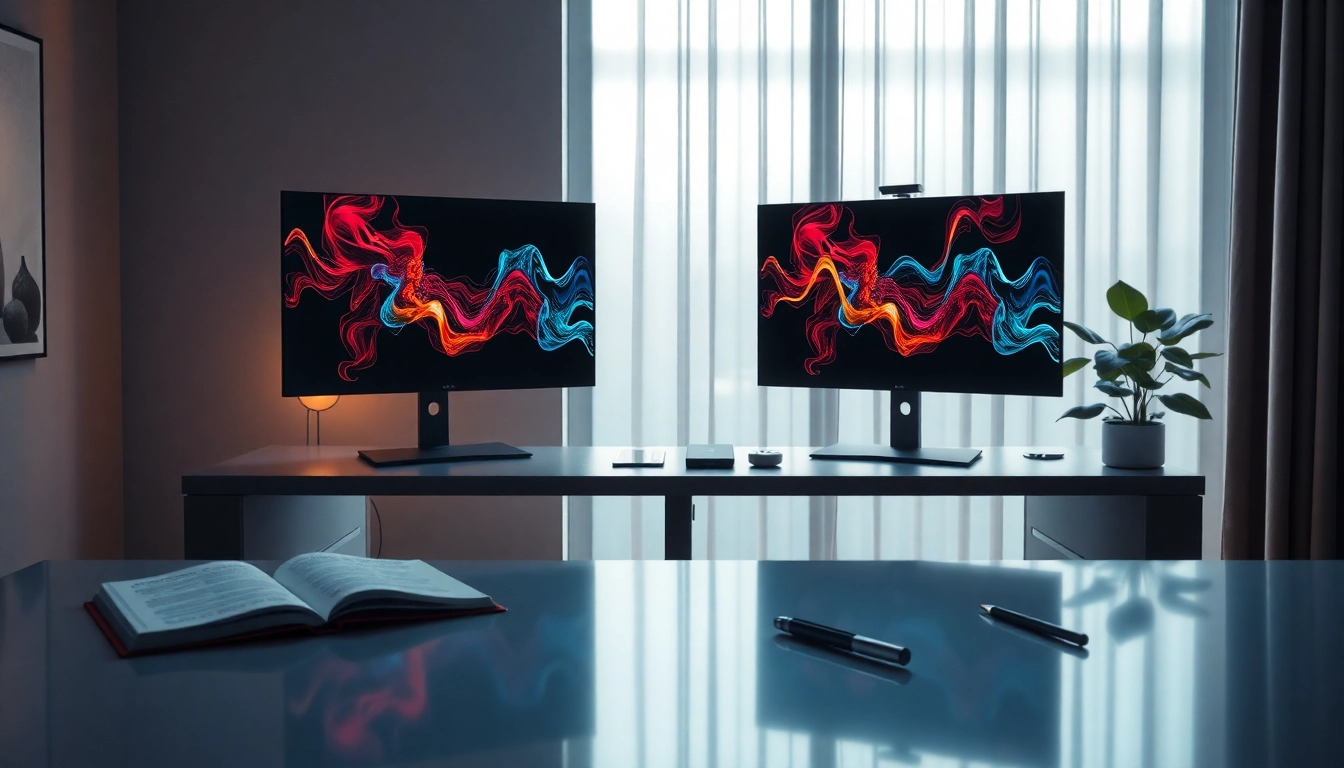 Innovative workspace showcasing NSFW AI technology with dual monitors displaying adult art.