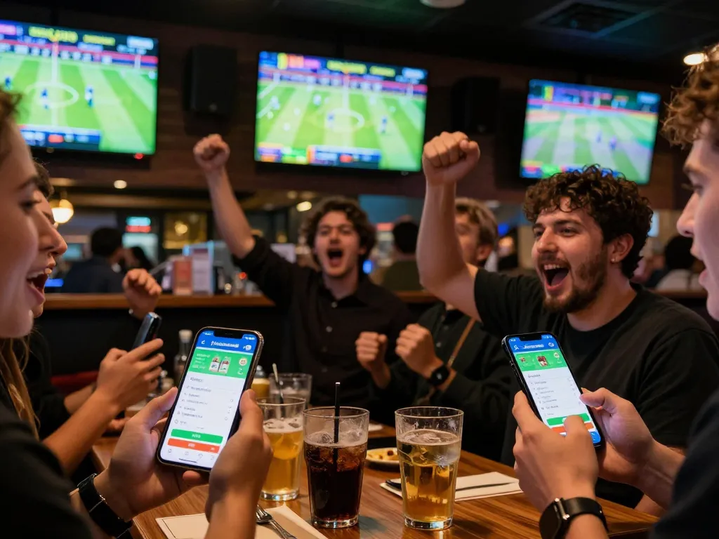 Engaged patrons cheering for sports while using the tylekeonhacai88 betting app on their smartphones.