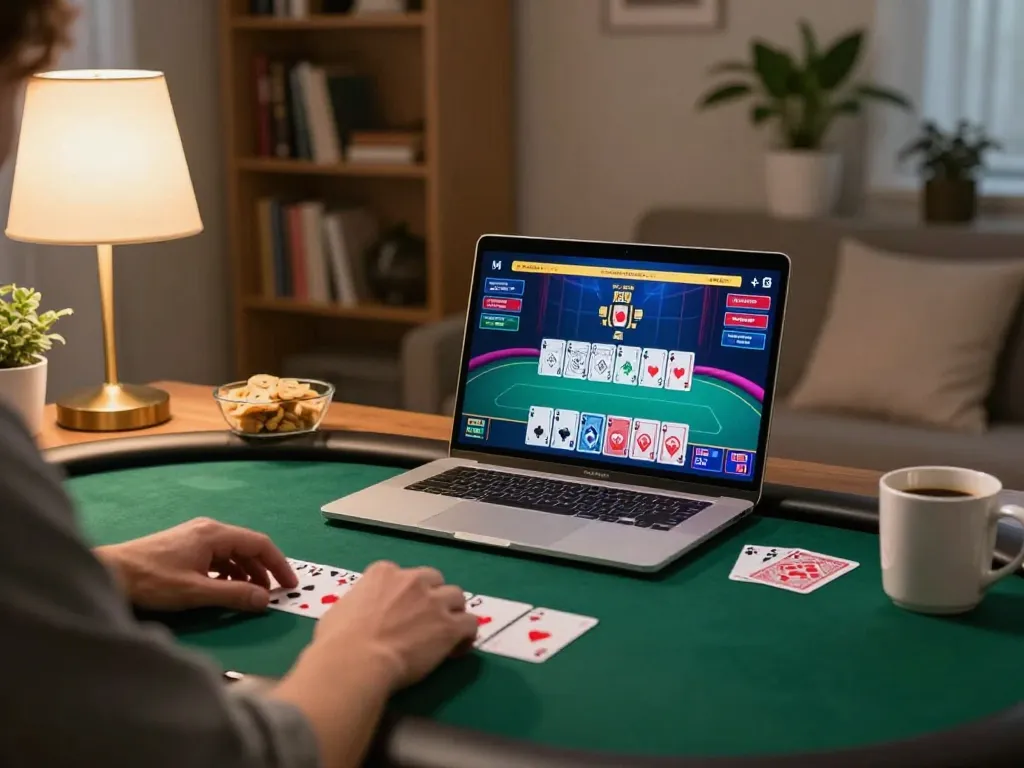 Player engaging in online poker at vn23, demonstrating strategic gameplay in a cozy home setting