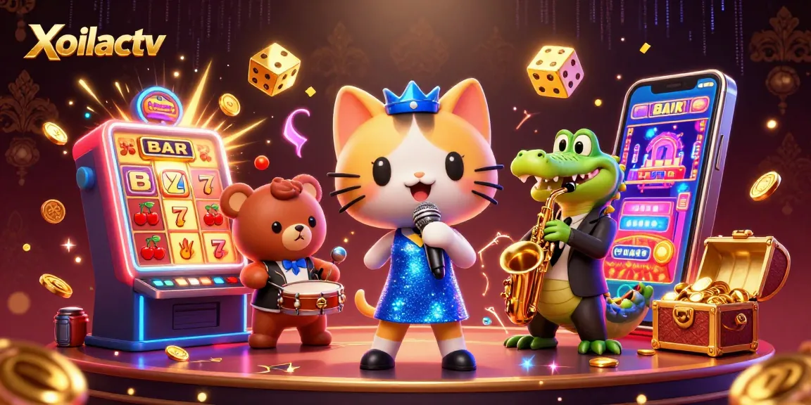 Xoilactv features a lively cat singer, crocodile saxophonist, and bear drummer on a colorful casino stage.
