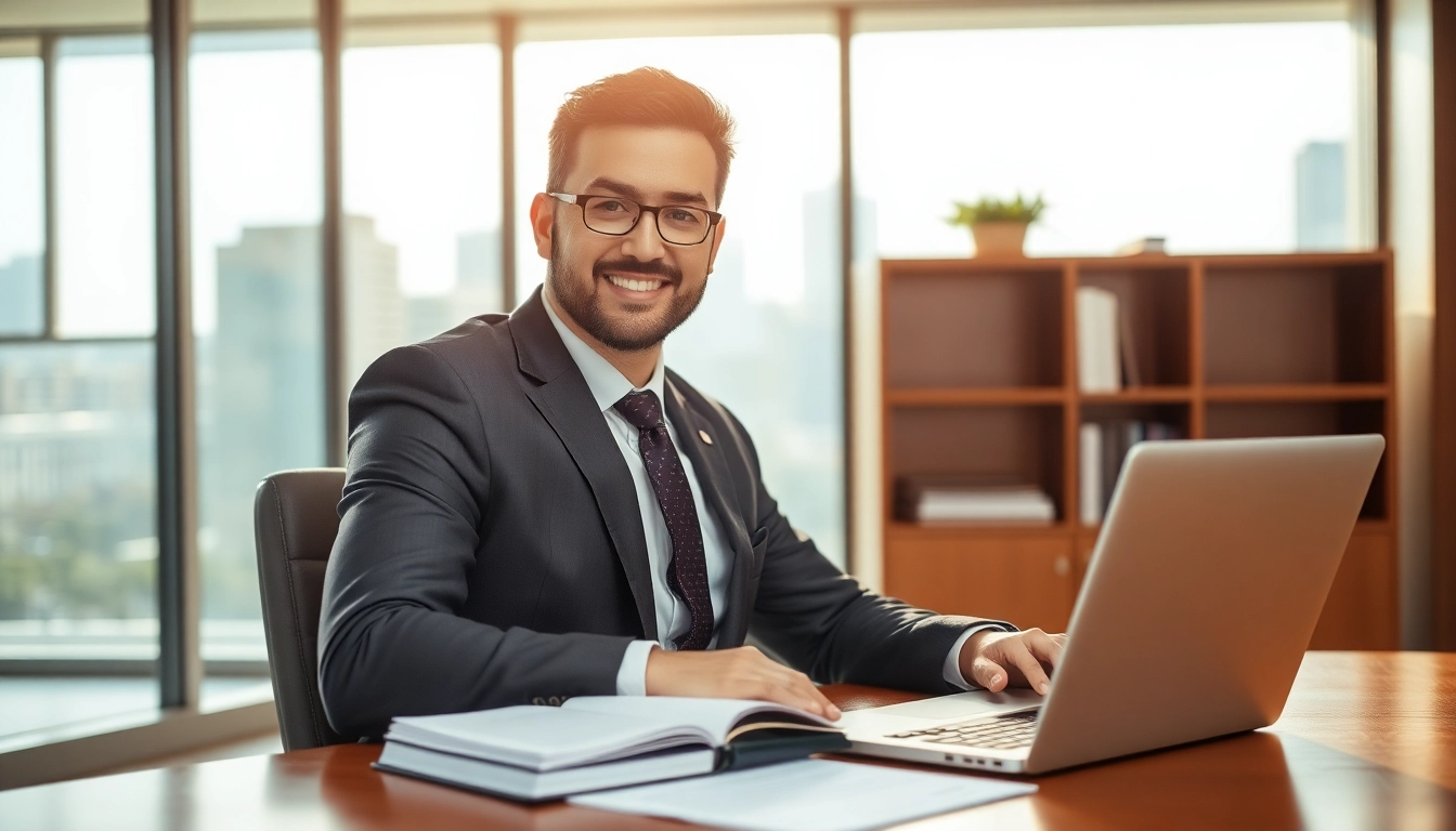 Depicting an Orlando Injury Lawyer in an office, showcasing determination and professionalism.