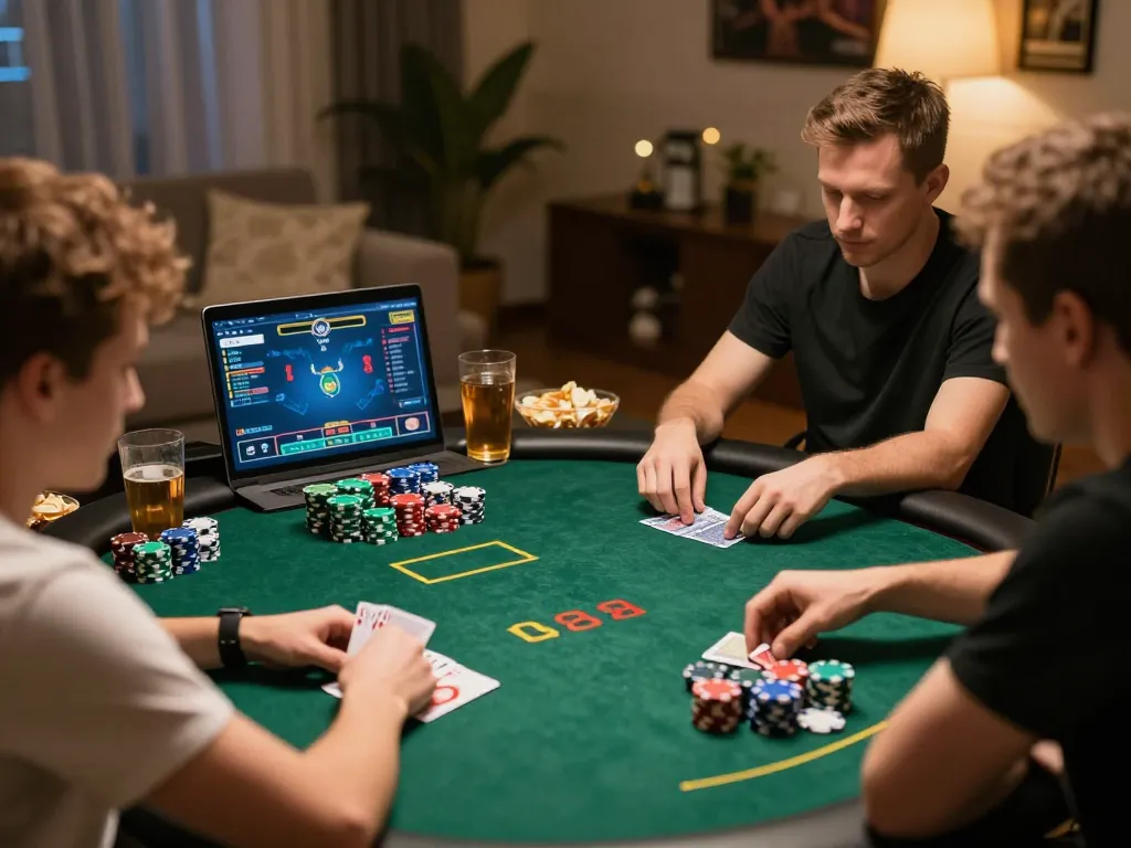 Kuwin players strategizing during an intense poker game in a cozy home setting