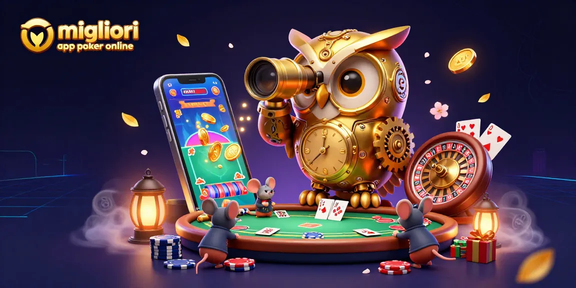 Scopri le migliori app poker online mentre il gufo meccanico osserva un tavolo di gioco animato.