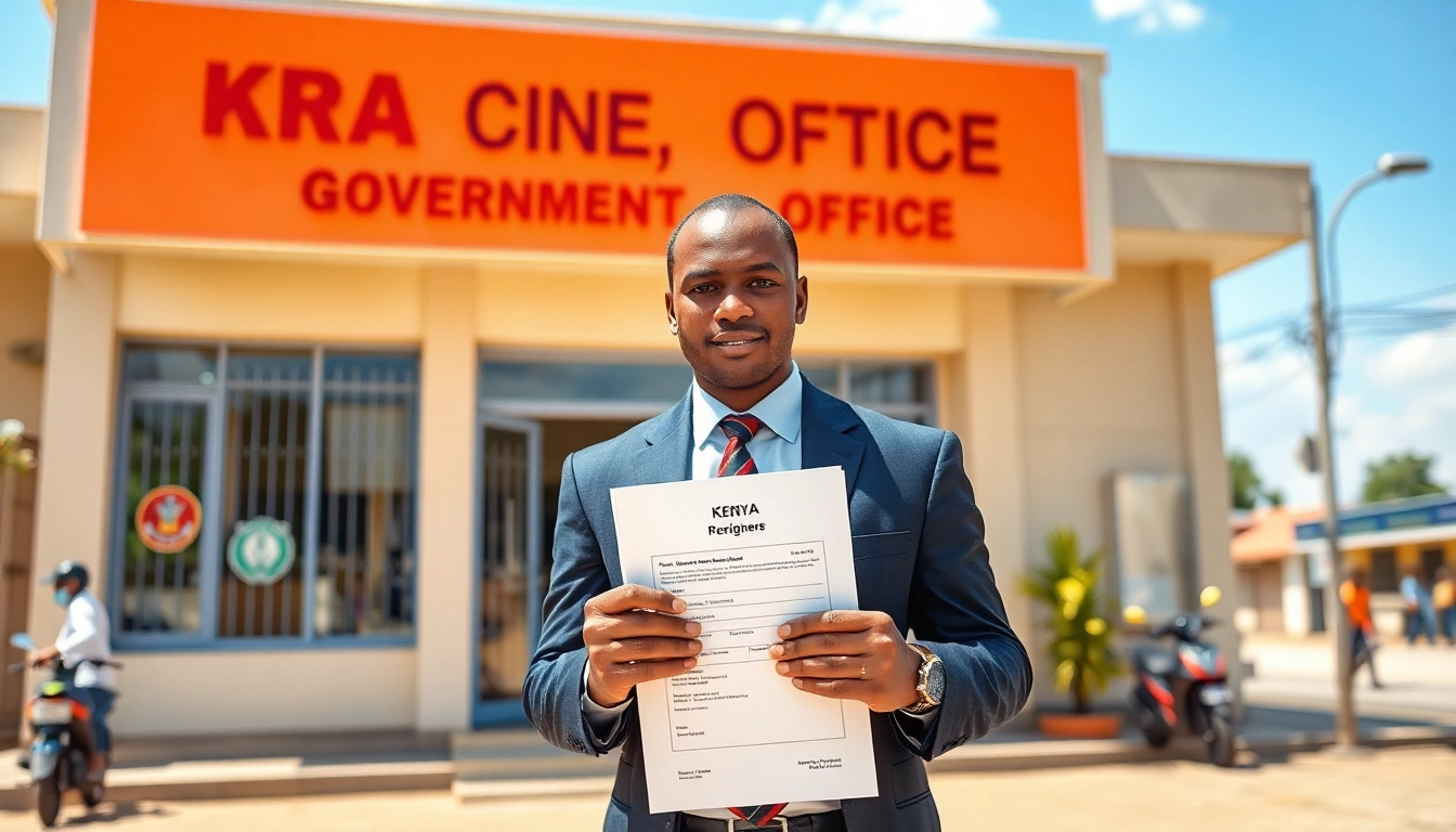 KRA PIN Registration for Foreigners: Individual holding documents outside a Kenyan government office.