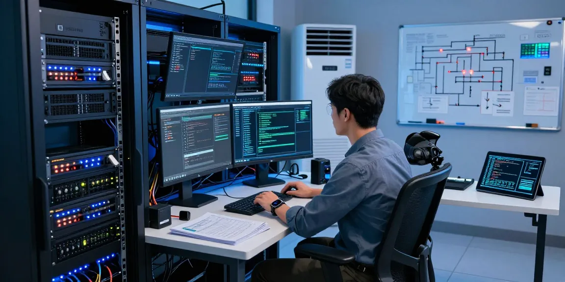 Pengaturan ruang server dengan profesional TI yang menggunakan hypervisor untuk mengelola mesin virtual.