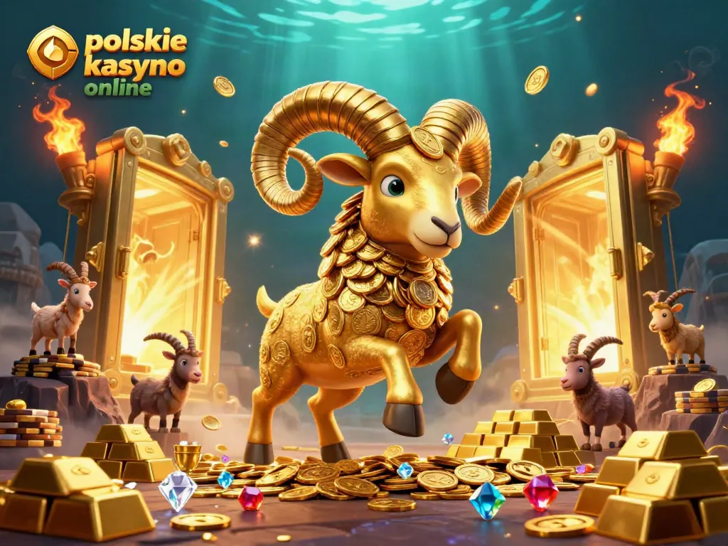 Experience the thrill at polskie kasyno online with a dramatic golden ram charging through a treasure vault.