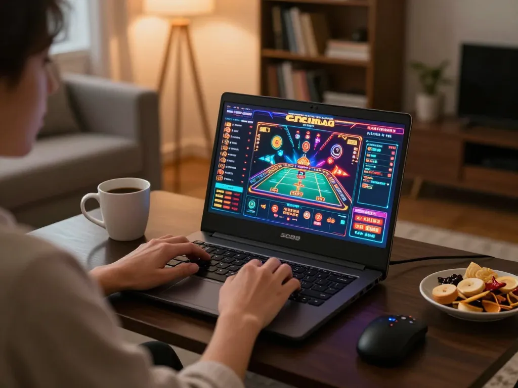 Player engaging with SC88 online gaming interface on laptop, surrounded by a cozy setup and snacks.