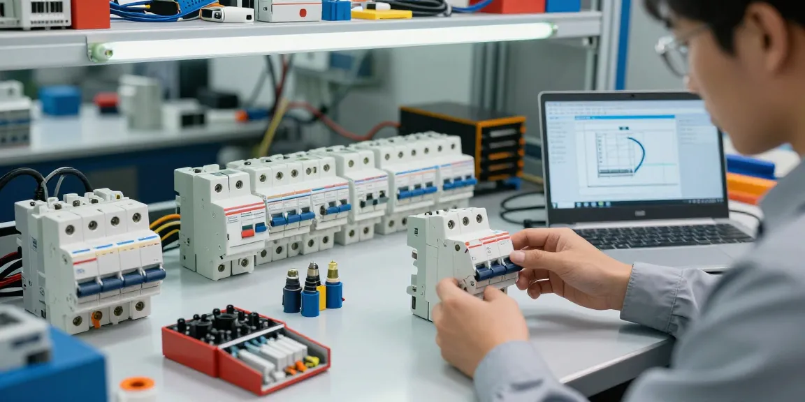 Engineers analyzing a dc mcb circuit breaker in a professional workshop with various electrical components.