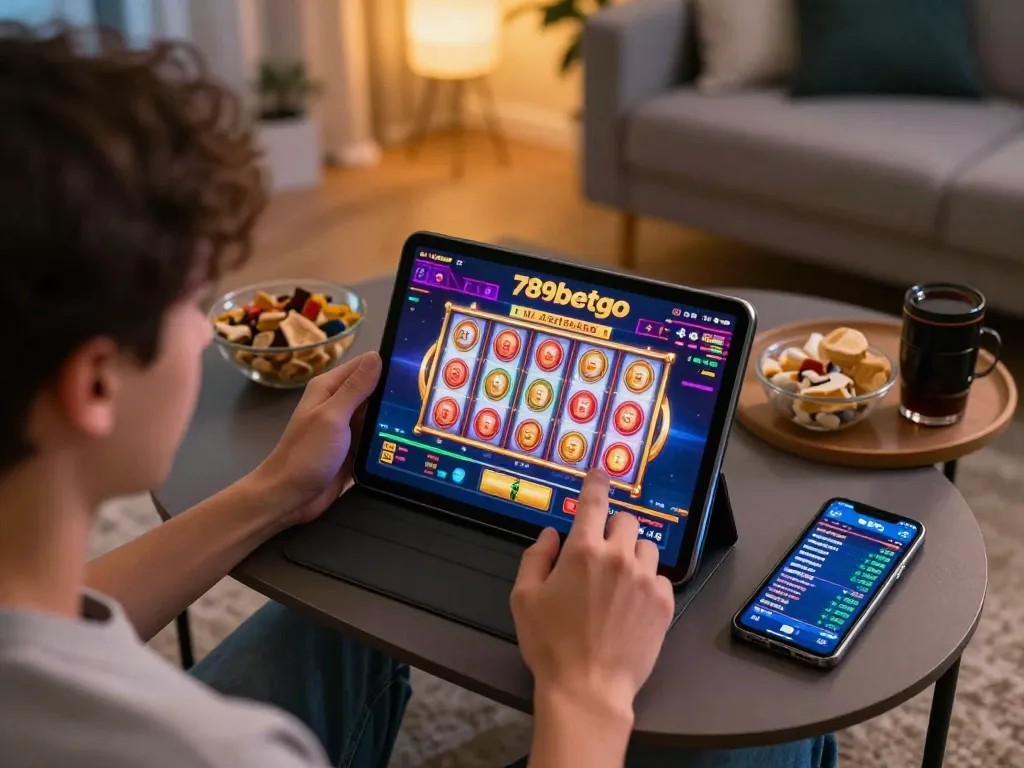Engaging online gambling scene showcasing a player enjoying 789betgo slots on tablet during a casual game night