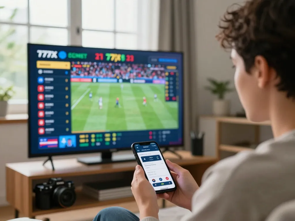 Betting excitement at https://777x.bid/ with a person placing bets on live sports events in a vibrant home setting.