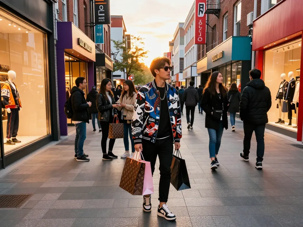 Fashionable individual exploring vibrant city street shopping for high-quality 레플리카 products in trendy boutiques.