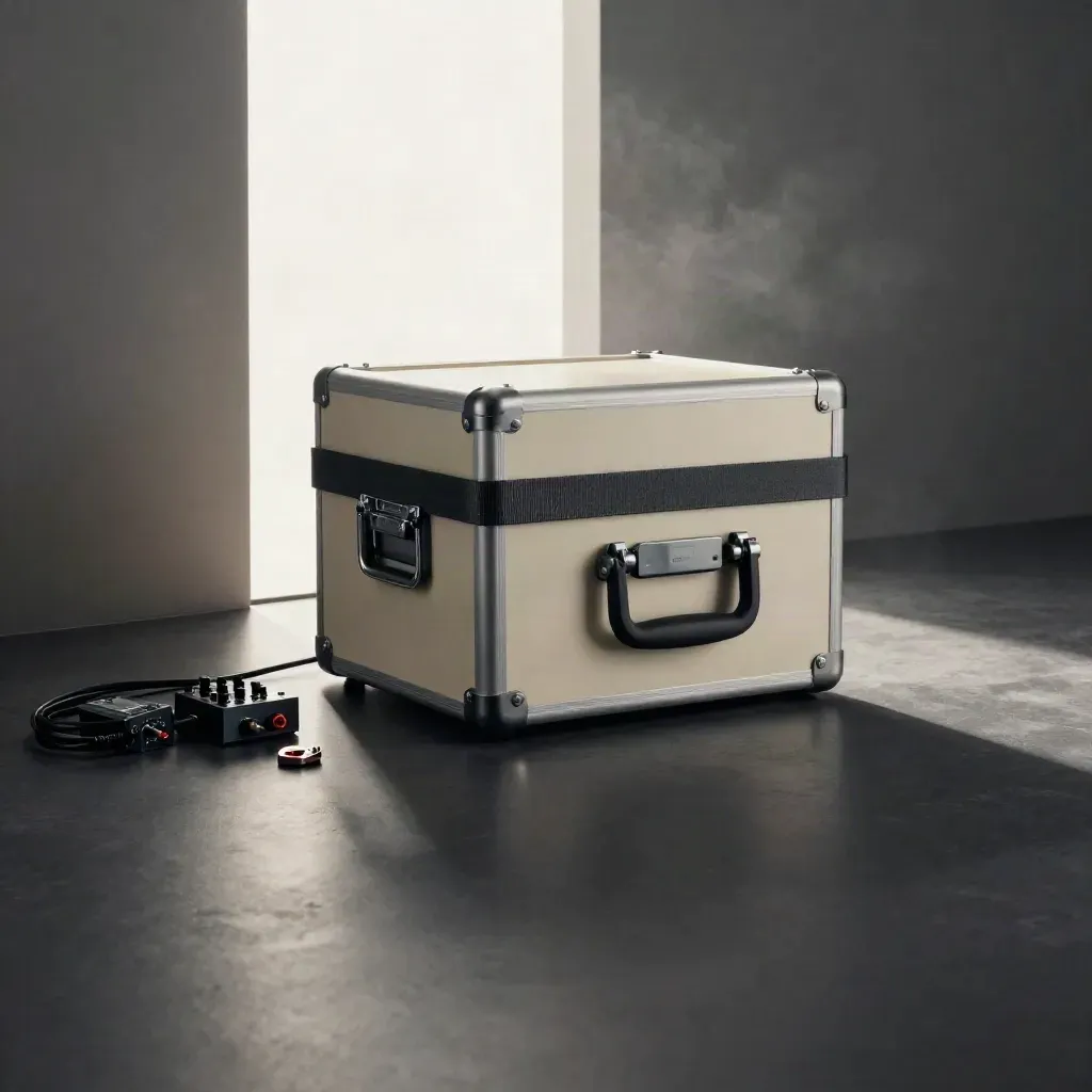 Crate with modules, cable, and cradle sliding through a sunlit threshold