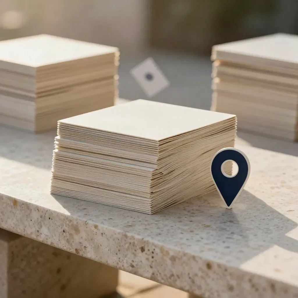 Pale city-page blocks fanned on a stone bench with a muted navy accent tile.