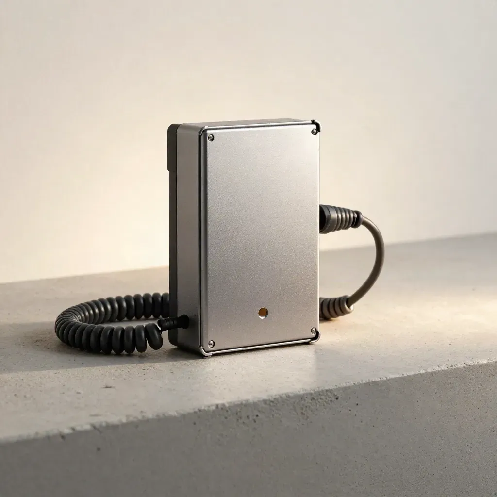 Brushed-metal call-tracking relay box with coiled leads and splitter on pale concrete.