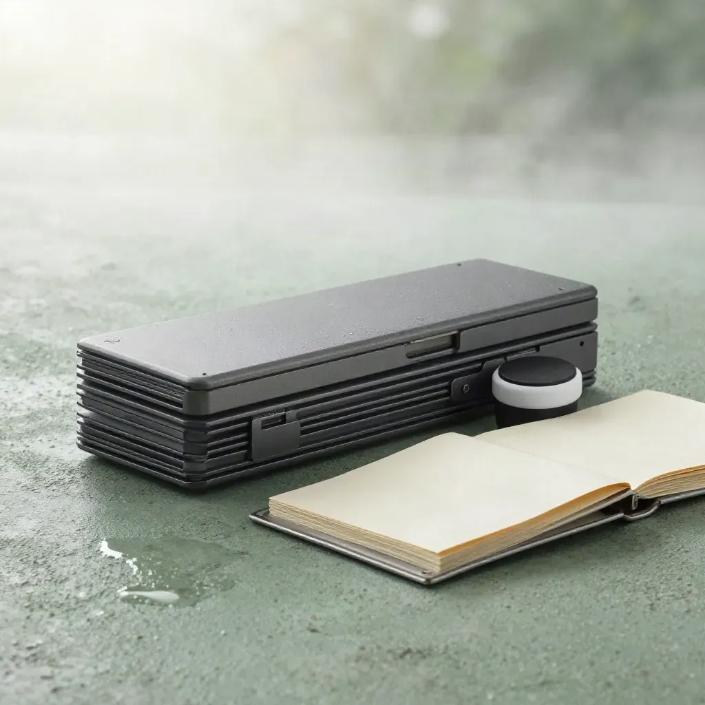 Matte-graphite bail lead kit with tracker puck, folio, and tray on wet sage concrete