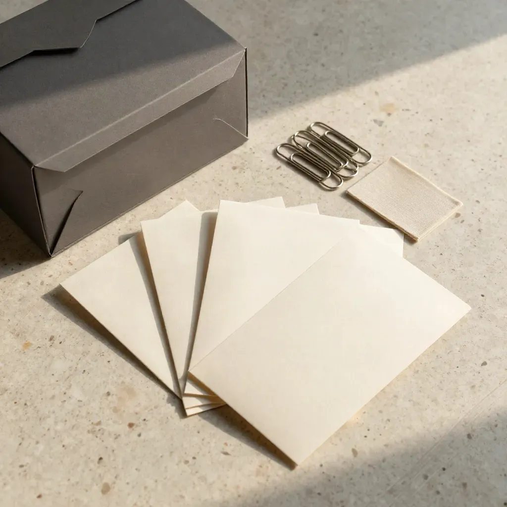 Overhead flatlay of sealed response cards, paperclips and a matte inbox cube on travertine.