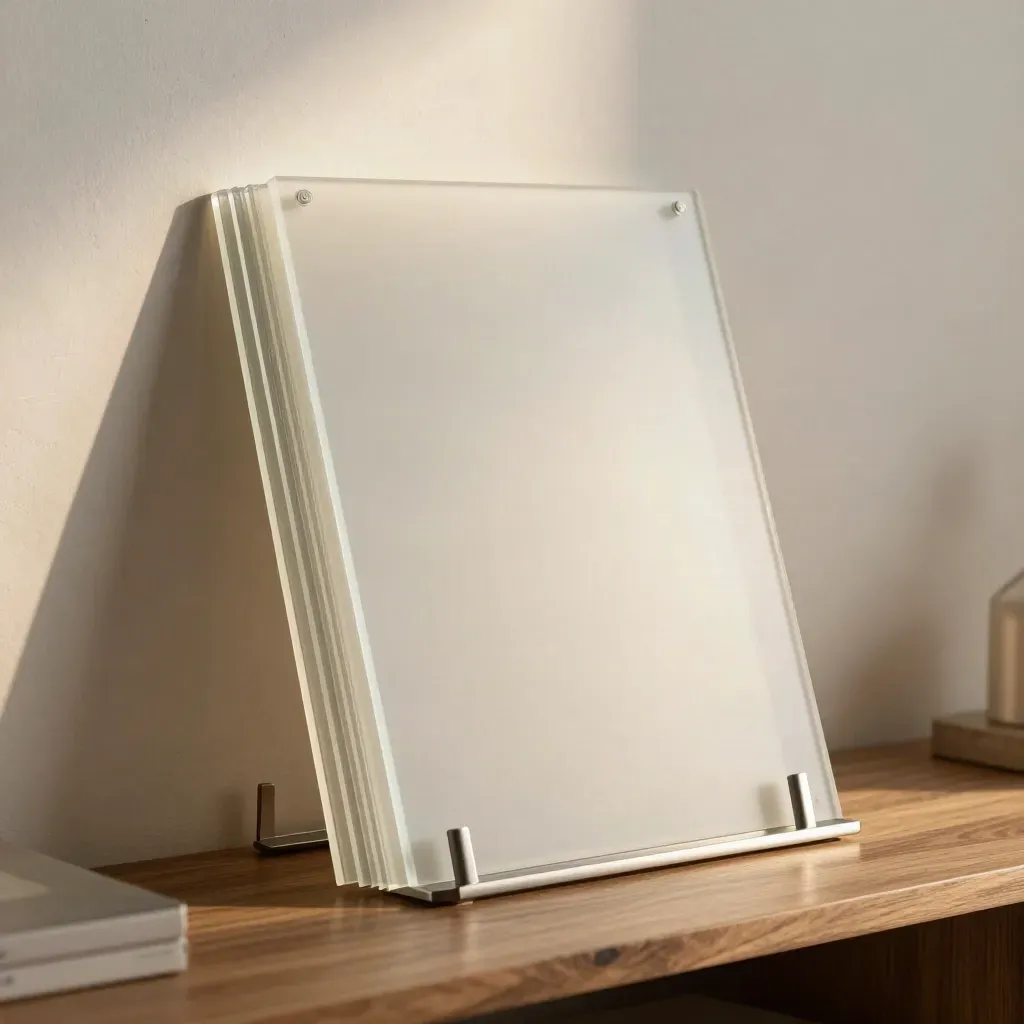 Landing page kit with frosted acrylic panels and metal spacers leaning by a pale wall.