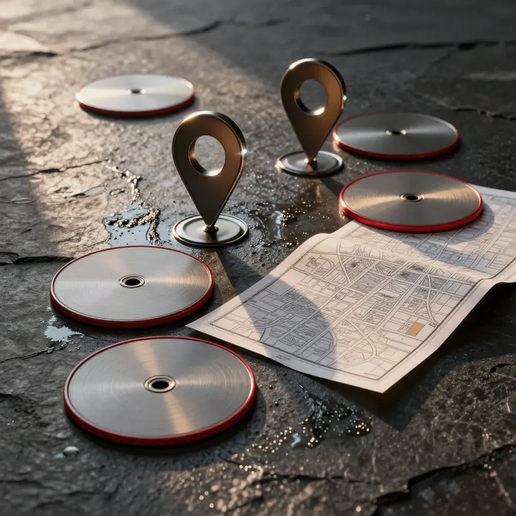 Wet stone product shot of Maps Listing Boost discs and a folded neighborhood grid tile in dramatic light