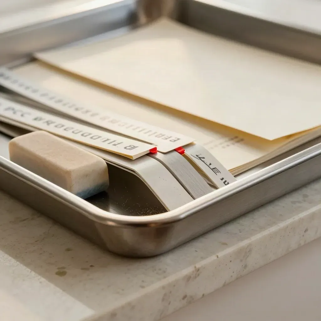 Macro of a cleanup tray with paper strips, eraser block, and bid-ladder insert on stone.