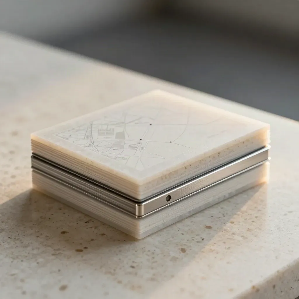 Macro of a layered city SEO page block with map tile and location strip on travertine.