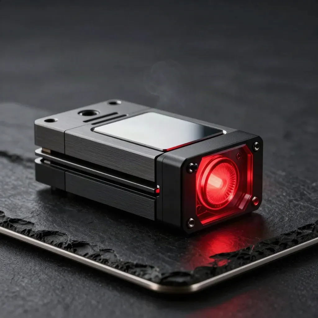 Glowing call-routing modules on dark stone with a mirrored tile and red signal flare.