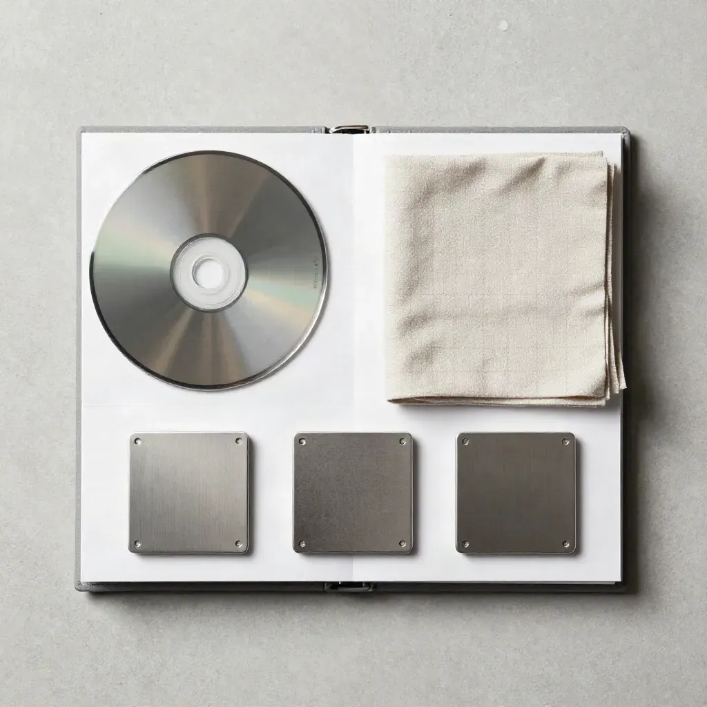 Overhead flatlay of a monthly ad care binder case with disc, cloth, and modules on pale concrete.