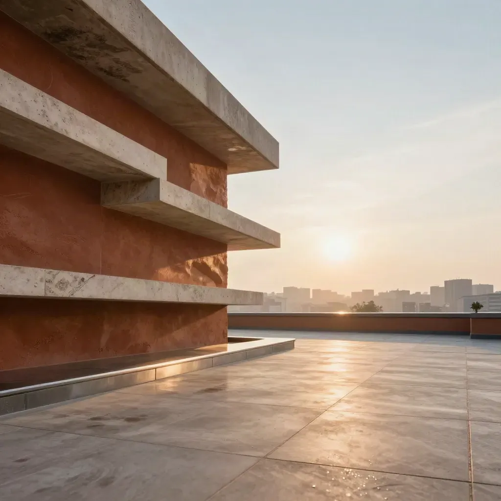 Sunlit rooftop terrace with concrete forms and distant city skyline after drizzle.