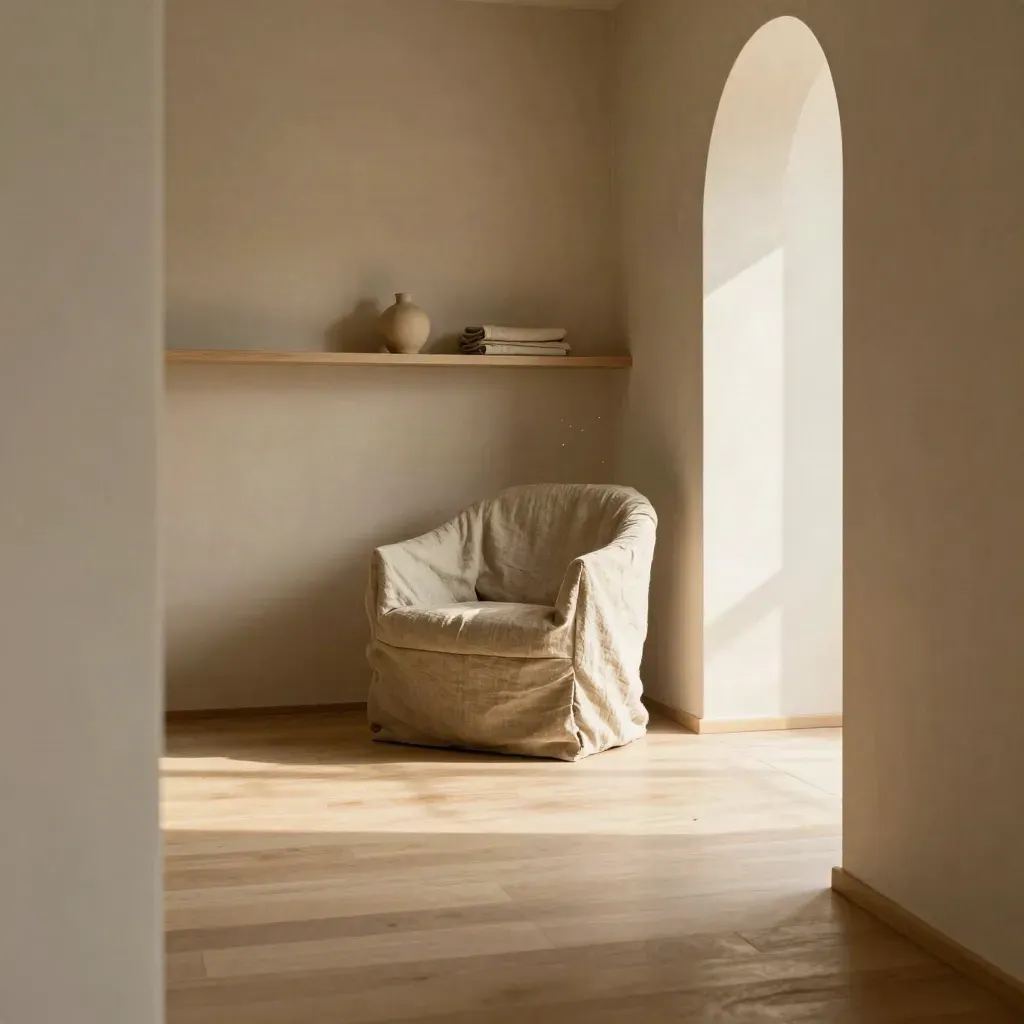 Pale oak corner with linen chair, arched plaster opening, and calm open floor in soft light.