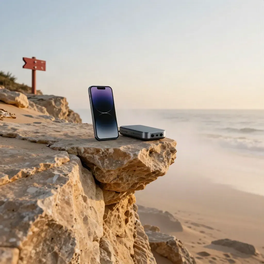 Coastal overlook with a phone and tracking hub on rock, misty horizon at sunset
