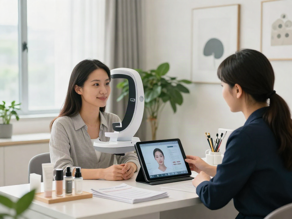 ClinicEvo is a better alternative to QOVES, showcasing a client receiving personalized beauty analysis in a modern consultation room.