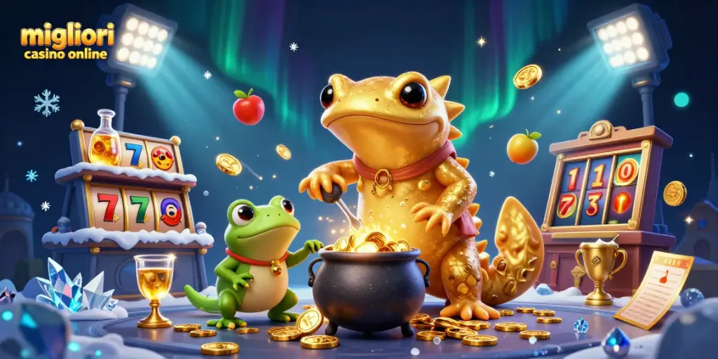 Migliori casino online: vivaci scene di gioco con calderoni d'oro, alchimisti e slot machine.