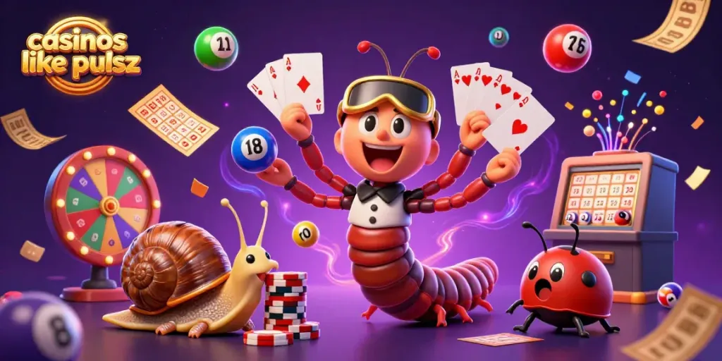 Experience the thrill of casinos like pulsz with vibrant characters and games in an exciting casino illustration.