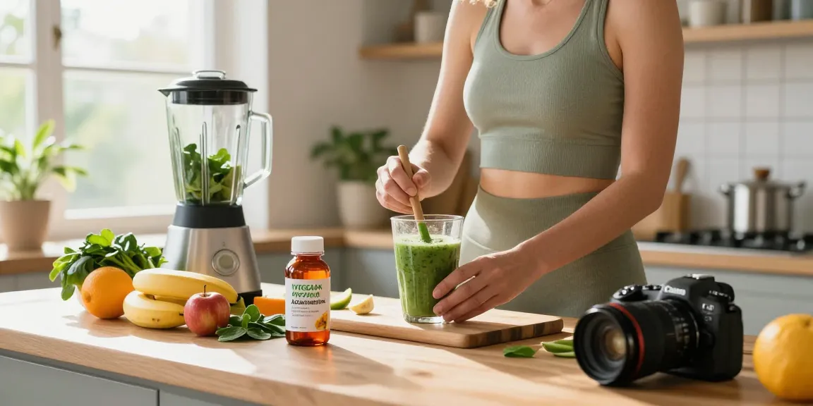 Vegan astaxanthin supplement being blended into a smoothie in a bright kitchen.