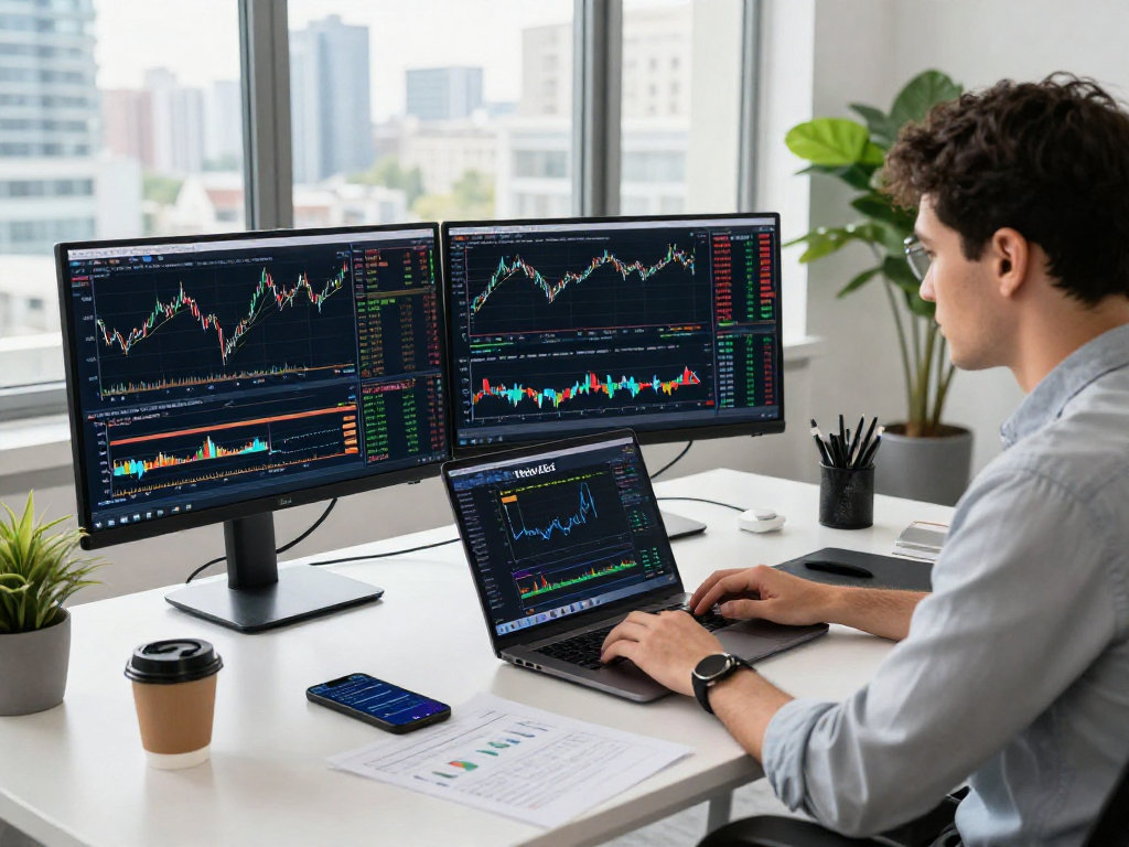 Trader utilizing metatrader 5 on multiple monitors in a modern workspace with financial charts and city view.