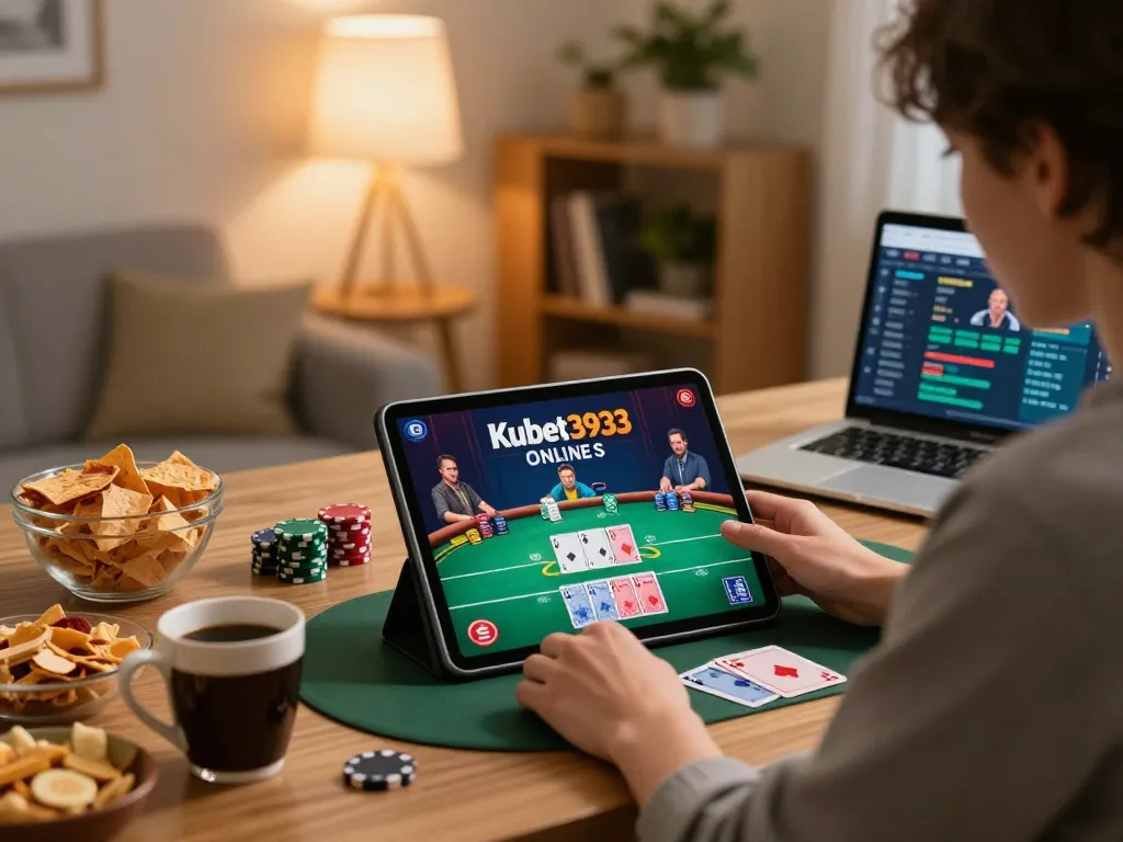 Kubet3933 online casino gaming on a tablet with snacks and cozy ambiance.