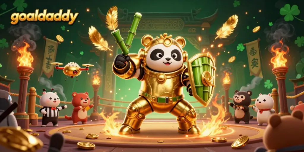 Experience thrilling action with goaldaddy's golden panda battling in an exciting gambling arena.