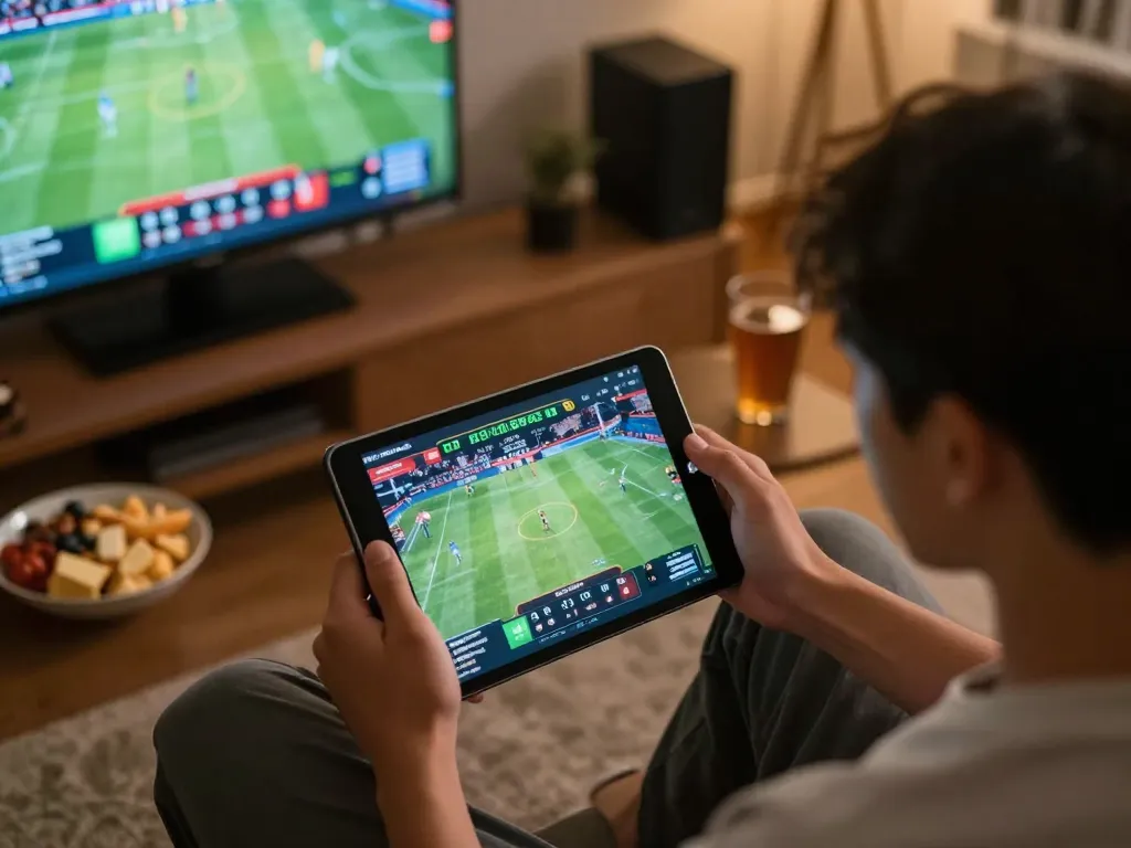 Person engaged in sports betting on Lu88 from home, focused on tablet with match stats