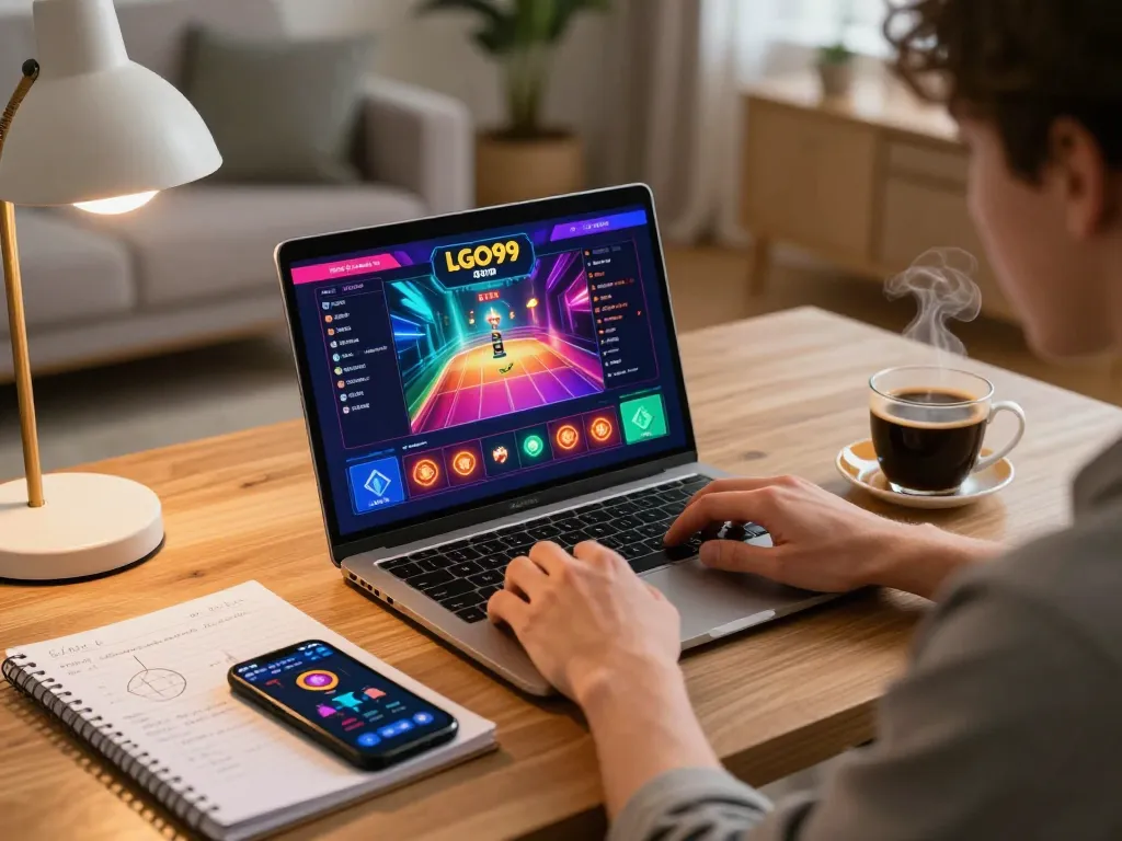 LGO99 player engaging with vibrant online gaming interface from home setup